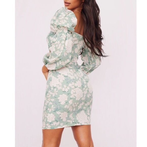PrettyLittleThing Petite Sage Floral Print Cut Out Mini Dress Size 12 - Picture 3 of 10
